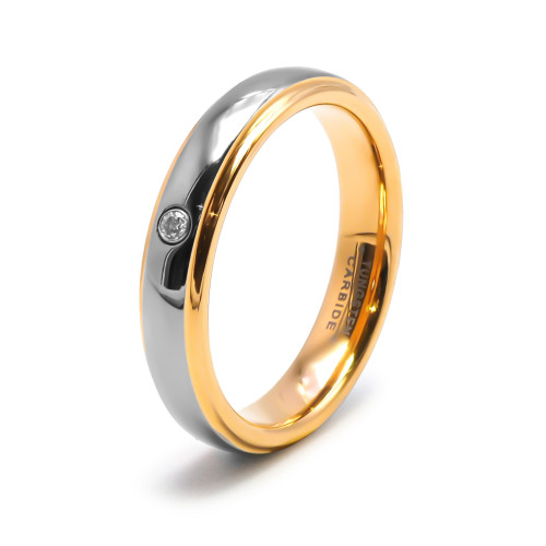 Alliance / Bague tungstène - PVD doré - intérieur confort - finition bombée & brillante - largeur 4mm - zircon blanc - Carla Val