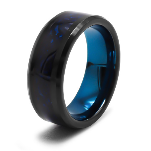 Bague Tungstène - PVD Noir - intérieur confort - fibre de carbonne bleu foncée - feuille noire - largeur 8mm - Carla Valenti