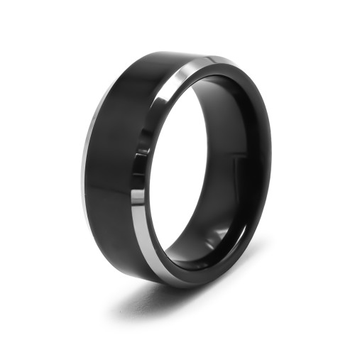 Bague tungstène - couleur argent & PVD Noir - côté biseauté 1mm chacun - largeur 8mm - Carla Valenti