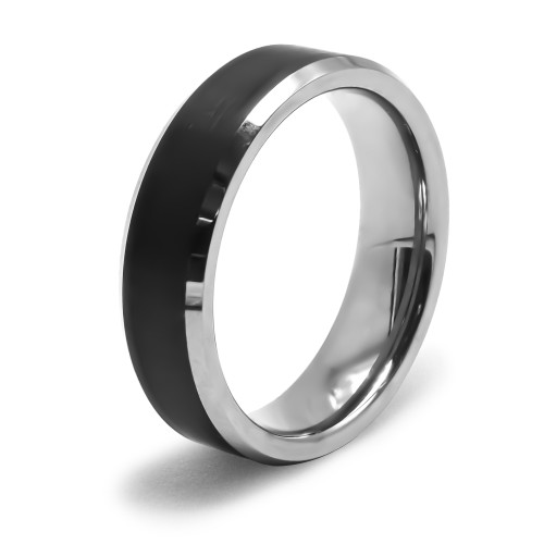 Bague tungstène - couleur argent & PVD Noir - côté biseauté 1mm chacun - largeur 8mm - Carla Valenti