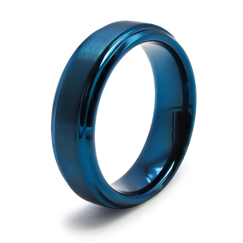 Bague Tungstène PVD Bleu - finition brossé - largeur 6mm - bords biseautés - Carla Valenti