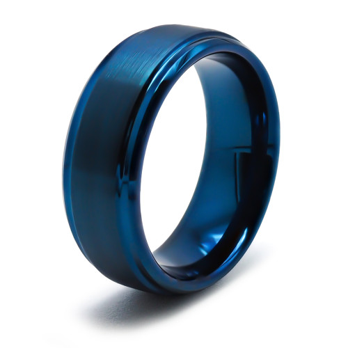 Bague Tungstène PVD Bleu - finition brossé - largeur 8mm - bords biseautés - Carla Valenti