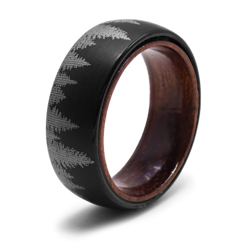 Bague tunsgtène - PVD noir - intérieur confort bois - gravure laser fôret - largeur 8mm - Carla Valenti