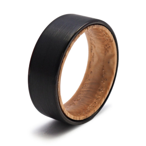 Bague tunsgtène - PVD noir - intérieur confort bois d'olivier - finition brossée - largeur 8mm - Carla Valenti
