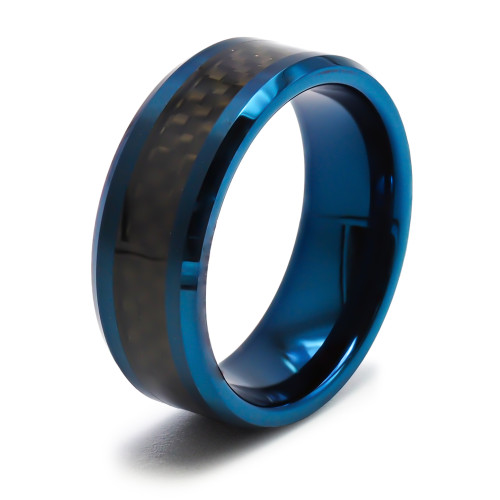 Bague tunsgtène - PVD bleu - intérieur confort - incrustation fibre de carbonne noir - largeur 8mm - Carla Valenti