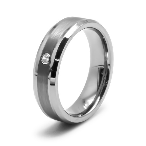 Bague tungstène - effet brossé - zircon  -  bord biseauté - largeur 6mm - Carla Valenti