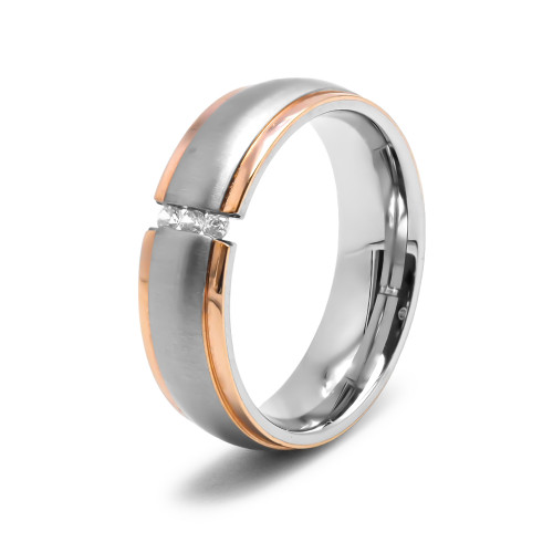 Bague en acier 2 tons - PVD rosé - largeur 6mm - zircons - Carla Valenti
