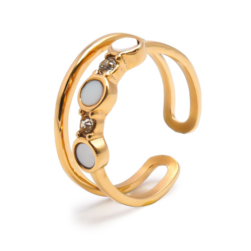 Bague en acier PVD doré - largeur 6mm - zircons - nacre - Carla Valenti