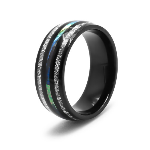 Bague en acier PVD noir - 8mm - nacre abalone - météorite imitation - Carla Valenti