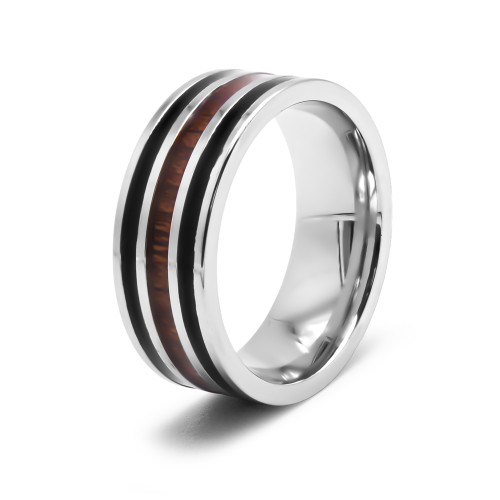 Bague en acier  - 8mm - email - bois - Carla Valenti