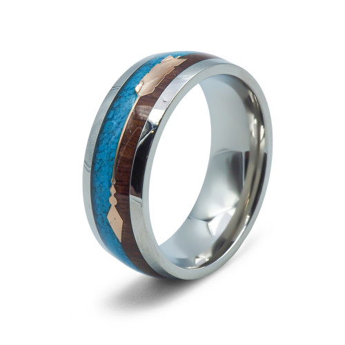Bague en acier - 8mm - bois - turquoise imitation - Carla Valenti