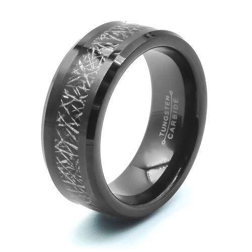 Bague tunsgtène - PVD noir - intérieur confort - incrustation imitation météorite- largeur 8mm - Carla Valenti