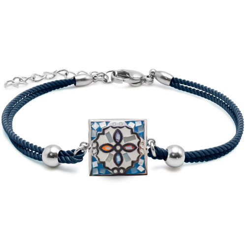 Bracelet acier coton bleu - email et nacre - 15+5cm - Carla Valenti