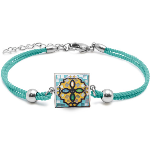 Bracelet acier coton cyan - email et nacre - 15+5cm - Carla Valenti