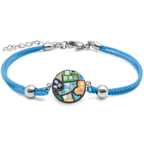 Bracelet acier coton bleu cyan - email et nacre - 15+5cm - Carla Valenti