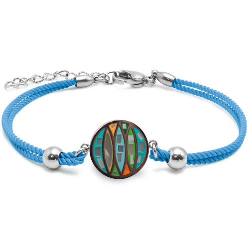 Bracelet acier coton bleu cyan - email et nacre - 15+5cm - Carla Valenti