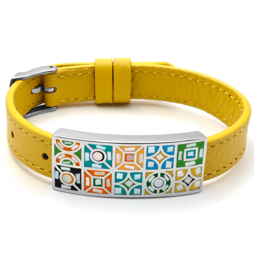 Bracelet acier - émail - nacre - cuir jaune - largeur 1cm - bracelet montre réglable - 18 à 23cm - Carla Valenti