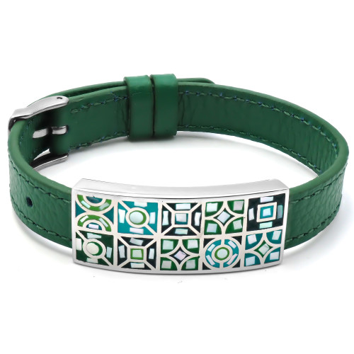 Bracelet acier - émail - nacre - cuir vert - largeur 1cm - bracelet montre réglable - 18 à 23cm - Carla Valenti