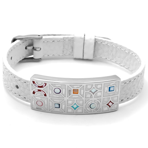 Bracelet acier - émail - nacre - cuir blanc - largeur 1cm - bracelet montre réglable - 18 à 23cm - Carla Valenti