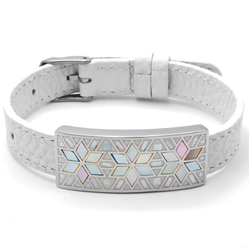 Bracelet acier - émail - nacre - cuir blanc - largeur 1cm - bracelet montre réglable - 18 à 23cm - Carla Valenti