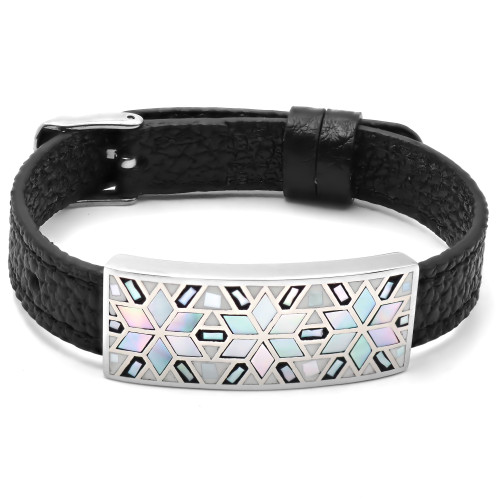 Bracelet acier - émail - nacre - cuir noir - largeur 1cm - bracelet montre réglable - 18 à 23cm - Carla Valenti