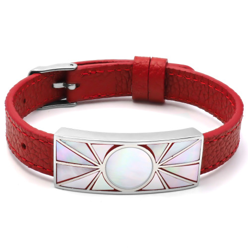 Bracelet acier - émail - nacre - cuir rouge - largeur 1cm - bracelet montre réglable - 18 à 23cm - Carla Valenti