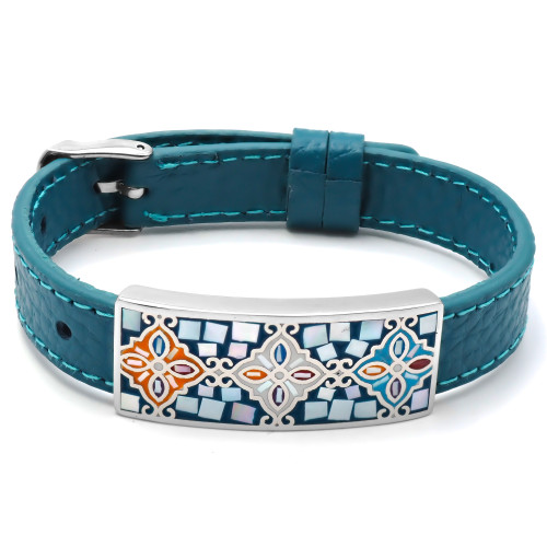 Bracelet acier - émail - nacre - cuir bleu foncé - largeur 1cm - bracelet montre réglable - 18 à 23cm - Carla Valenti