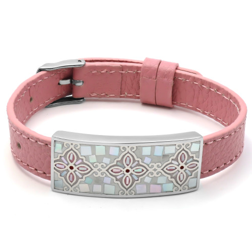 Bracelet acier - émail - nacre - cuir rose - largeur 1cm - bracelet montre réglable - 18 à 23cm - Carla Valenti