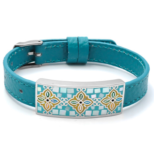 Bracelet acier - émail - nacre - cuir bleu cyan - largeur 1cm - bracelet montre réglable - 18 à 23cm - Carla Valenti