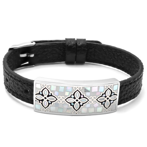 Bracelet acier - émail - nacre - cuir noir - largeur 1cm - bracelet montre réglable - 18 à 23cm - Carla Valenti