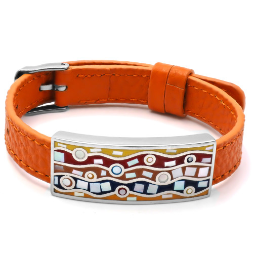 Bracelet acier - émail - nacre - cuir orange - largeur 1cm - bracelet montre réglable - 18 à 23cm - Carla Valenti