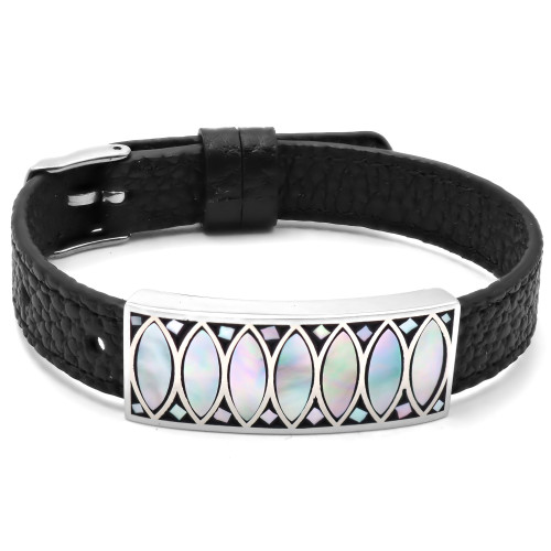 Bracelet acier - émail - nacre - cuir noir - largeur 1cm - bracelet montre réglable - 18 à 23cm - Carla Valenti