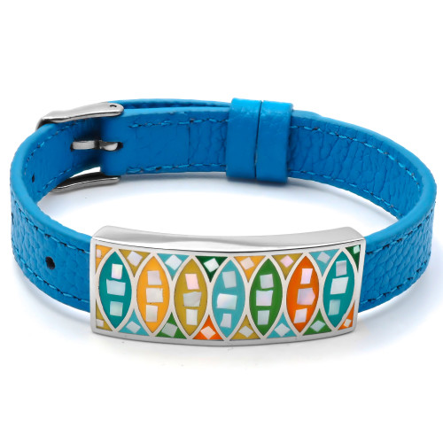 Bracelet acier - émail - nacre - cuir bleu - largeur 1cm - bracelet montre réglable - 18 à 23cm - Carla Valenti