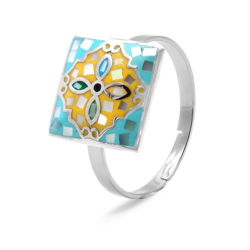 Bague acier - email et nacre - 3 tailles réglables de 50 à 60 - Carla Valenti