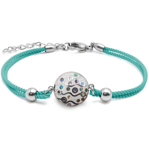 Bracelet acier coton bleu cyan - email et nacre - 15+5cm - Carla Valenti