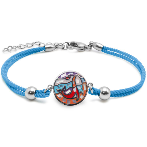 Bracelet acier coton bleu cyan - email et nacre - 15+5cm - Carla Valenti