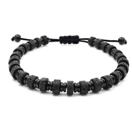 Bracelet acier PVD noir - disques pierre de lave 6x4mm - coton noir - réglable 18-22cm - Carla Valenti