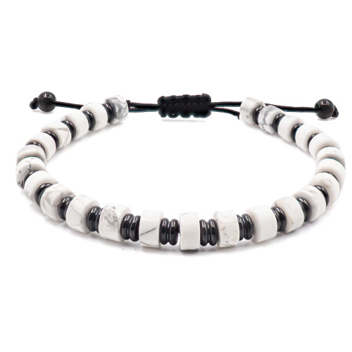 Bracelet acier PVD noir - disques howlite blanche 6x4mm - coton noir - réglable 18-22cm - Carla Valenti