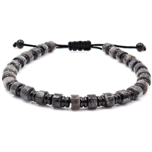 Bracelet acier PVD noir - disques jaspe gris 6x4mm - coton noir - réglable 18-22cm - Carla Valenti