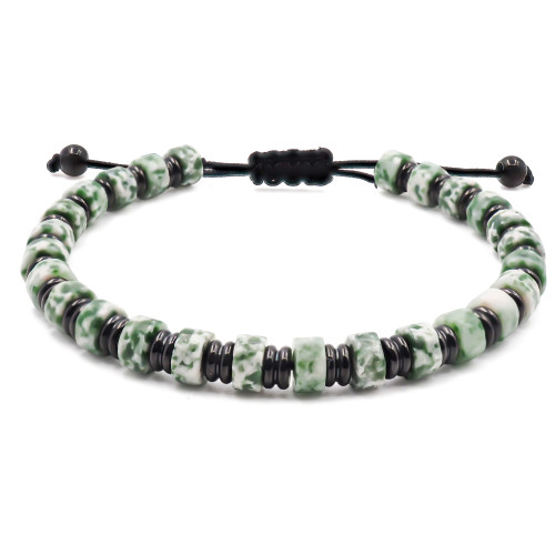 Bracelet acier PVD noir - disques jaspe vert 6x4mm - coton noir - réglable 18-22cm - Carla Valenti