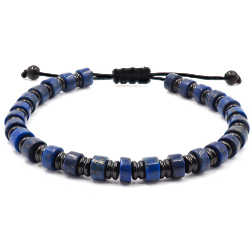 Bracelet acier PVD noir - disques lapis lazuli 6x4mm - coton noir - réglable 18-22cm - Carla Valenti