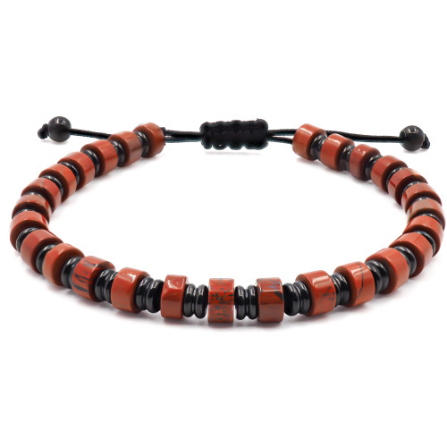 Bracelet acier PVD noir - disques jaspe rouge 6x4mm - coton noir - réglable 18-22cm - Carla Valenti