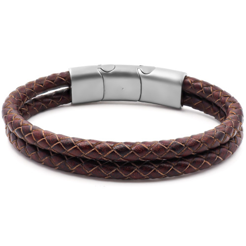 Bracelet acier pour homme - imitation cuir tressé marron - 2 rangs - 19,5+1,5cm - Carla Valenti