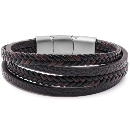 Bracelet acier pour homme - imitation cuir - 2 rangs tressés marrons et noirs - 2 rangs marrons - 19,5+1,5cm - Carla Valenti