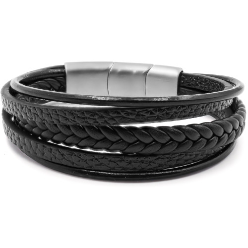 Bracelet acier pour homme - imitation cuir noir - 5 rangs - 19,5+1,5cm - Carla Valenti
