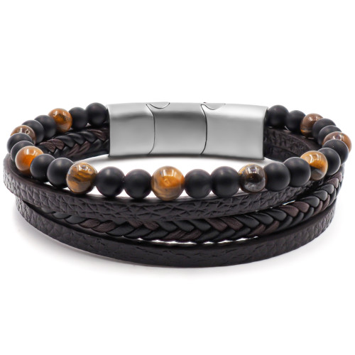 Bracelet acier pour homme imitation cuir - 3 rangs en cuir marron - 1 rang œil de tigre - onyx 19,5+1,5cm - Carla Valenti
