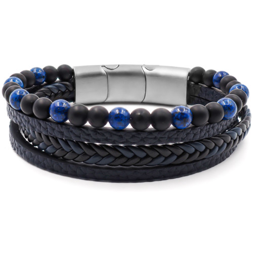 Bracelet acier pour homme imitation cuir - 3 rangs en cuir marron - 1 rang - œil de tigre bleu - onyx 19,5+1,5cm - Carla Valenti