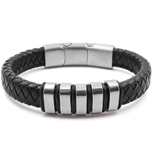 Bracelet acier pour homme - imitation cuir tressé noir - composants acier - 19,5+1,5cm - Carla Valenti