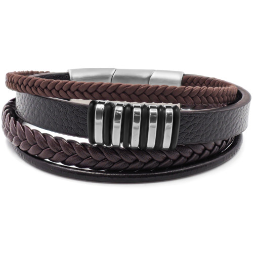 Bracelet acier pour homme - imitation cuir 4 rangs tressé et lisse marron - composants acier - 19,5+1,5cm - Carla Valenti
