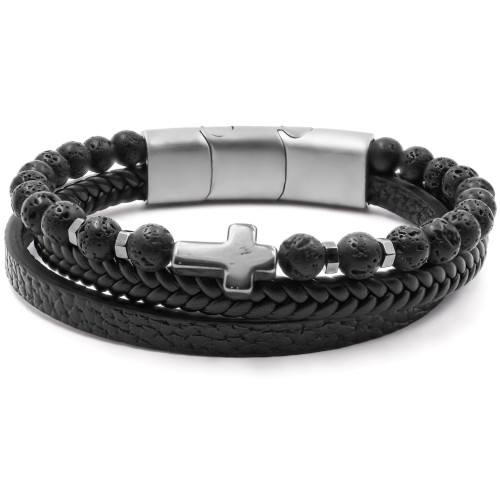 Bracelet acier pour homme imitation cuir - 2 rangs en cuir noir - 1 rang en pierres de lave - croix - 19,5+1,5cm - Carla Valenti